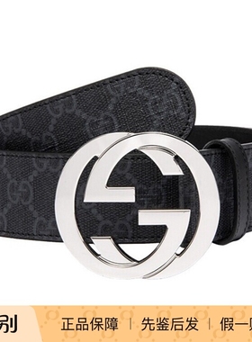 GUCCI/古驰 银扣双G 满印PVC老花腰带 4cm宽