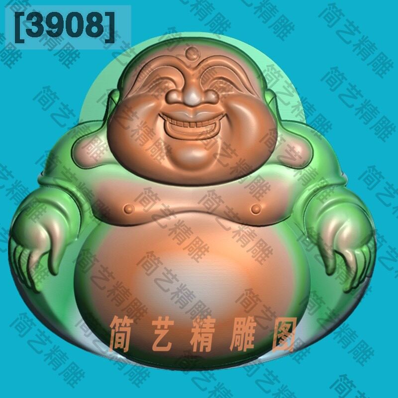 3908大肚笑佛弥勒佛正装立体挂件精雕图玉雕电脑雕刻浮雕图灰度图
