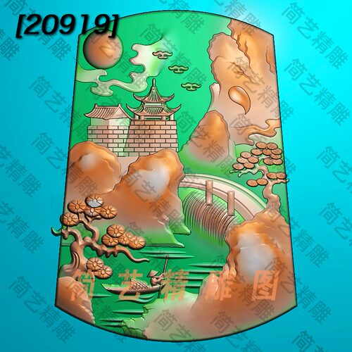 精雕图jdp玉雕图梯形山水人物浮雕图灰度图bmp