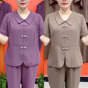 夏季新款盘口女士套装宽松时尚中老年两件套复古新中式气质款女装