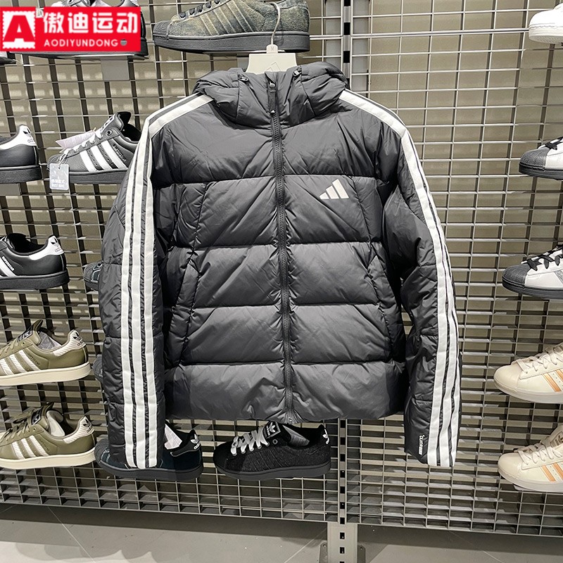 阿迪达斯男装2025冬新款三条纹修身运动连帽保暖鸭绒羽绒服KC2493