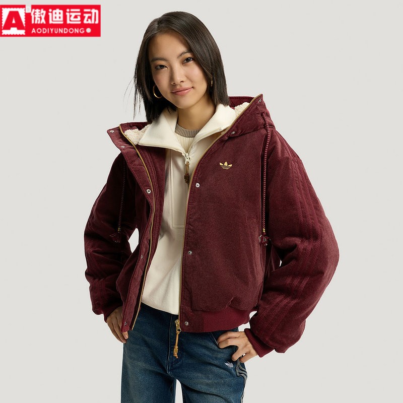 阿迪达斯三叶草棉服女装2026春季新灯芯绒保暖短款连帽外套KT0723