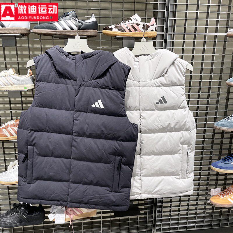 阿迪达斯羽绒服男装2025冬季保暖舒适百搭连帽羽绒马甲背心KH3996