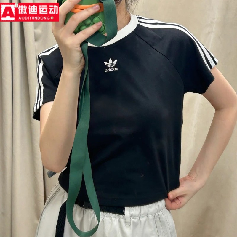 阿迪达斯三叶草女装2024夏百搭基础款短款上衣休闲短袖T恤 JC8703