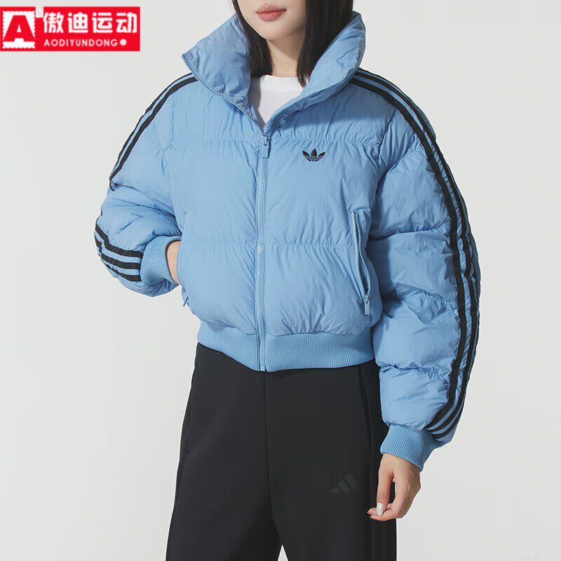 阿迪达斯三叶草女装棉服2025冬季三条纹保暖短款宽松面包服JX2969