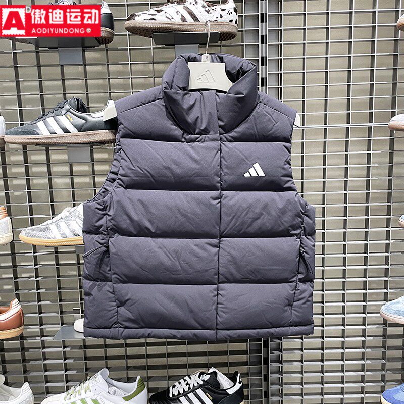 阿迪达斯女装2025冬季黑色宽松防风拒水保暖羽绒服背心马甲KH3973