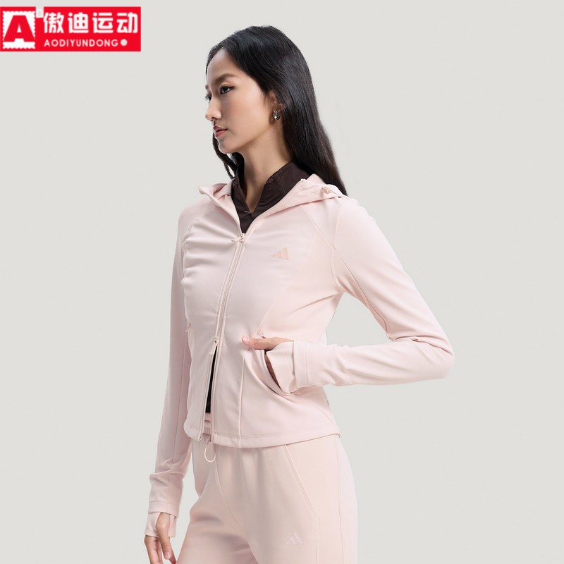 阿迪达斯女装外套2026春新品运动休闲短款修身连帽软壳夹克KH2670