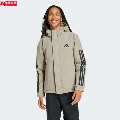 阿迪达斯运动外套2025冬季新款三条纹拒水防风休闲连帽棉衣JY8305