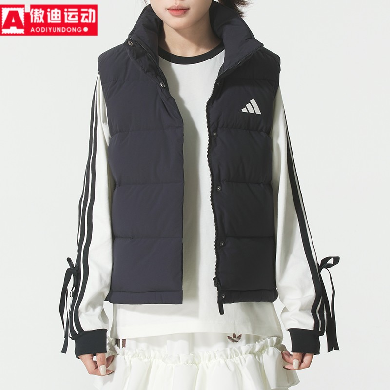 阿迪达斯女2025冬季新款保暖立领防风运动休闲连帽羽绒马甲KH3973