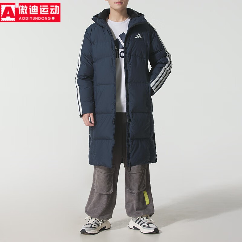 阿迪达斯男装2025冬新款三条纹宽松长款防寒保暖羽绒服外套KC2499