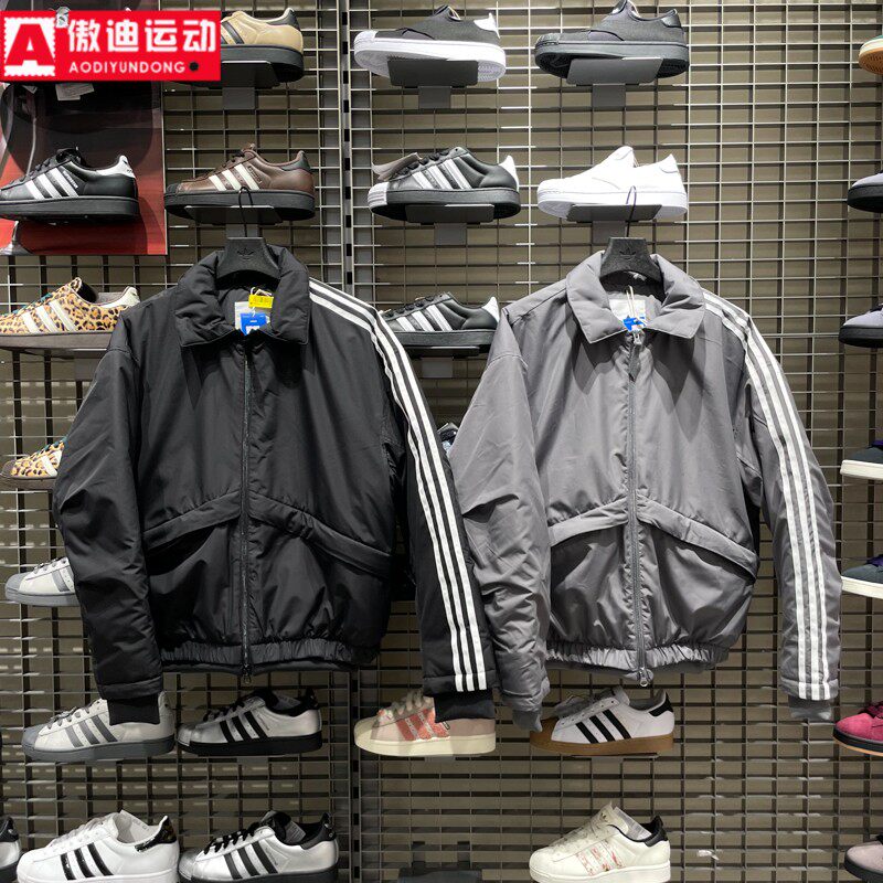 阿迪达斯三叶草男装棉服2026春经典三条纹保暖运动宽松外套KS5336