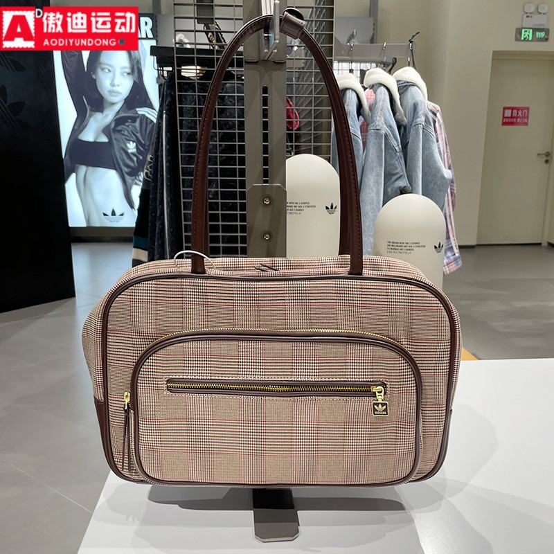 阿迪达斯三叶草女子2025冬季新款休闲多口袋格纹手提包拎包IA6118