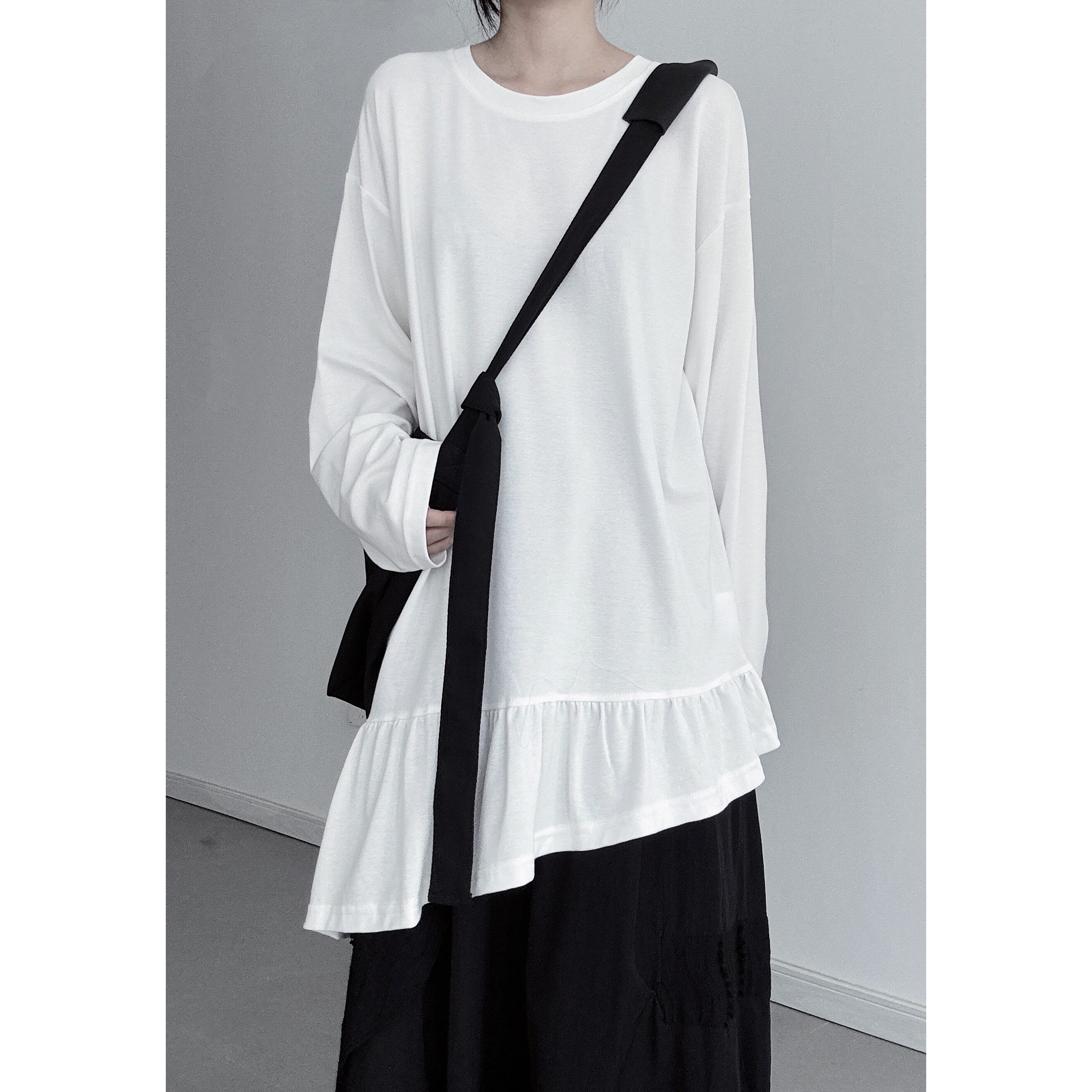 浮木兮/极简浪漫不规则荷叶边长款T恤春秋垂坠设计感上衣叠穿内搭