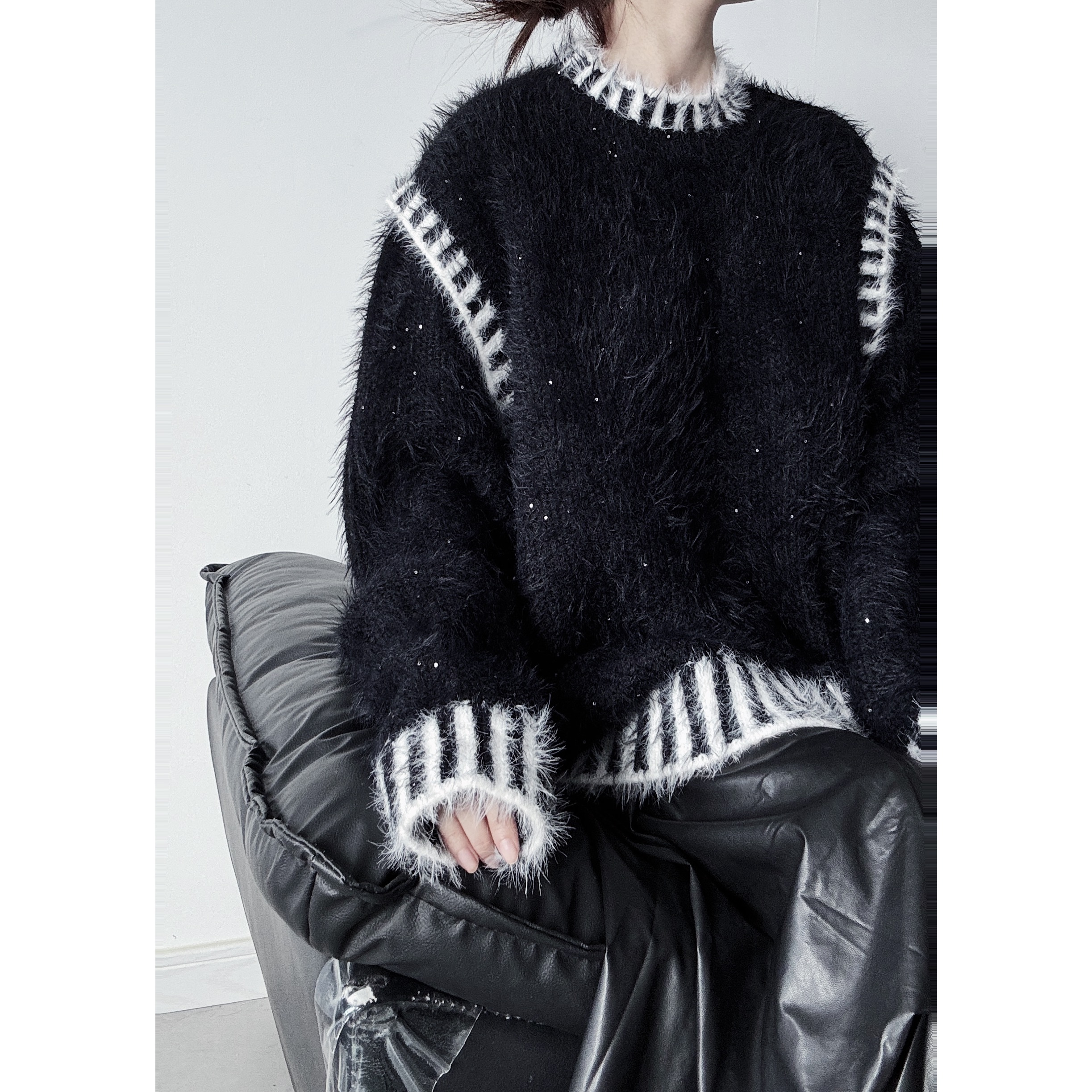 浮木兮/暗黑车缝线仿貂毛细闪毛衣撞色拼接圆领超厚保暖针织上衣