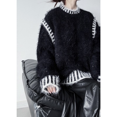 浮木兮/暗黑车缝线仿貂毛细闪毛衣撞色拼接圆领超厚保暖针织上衣