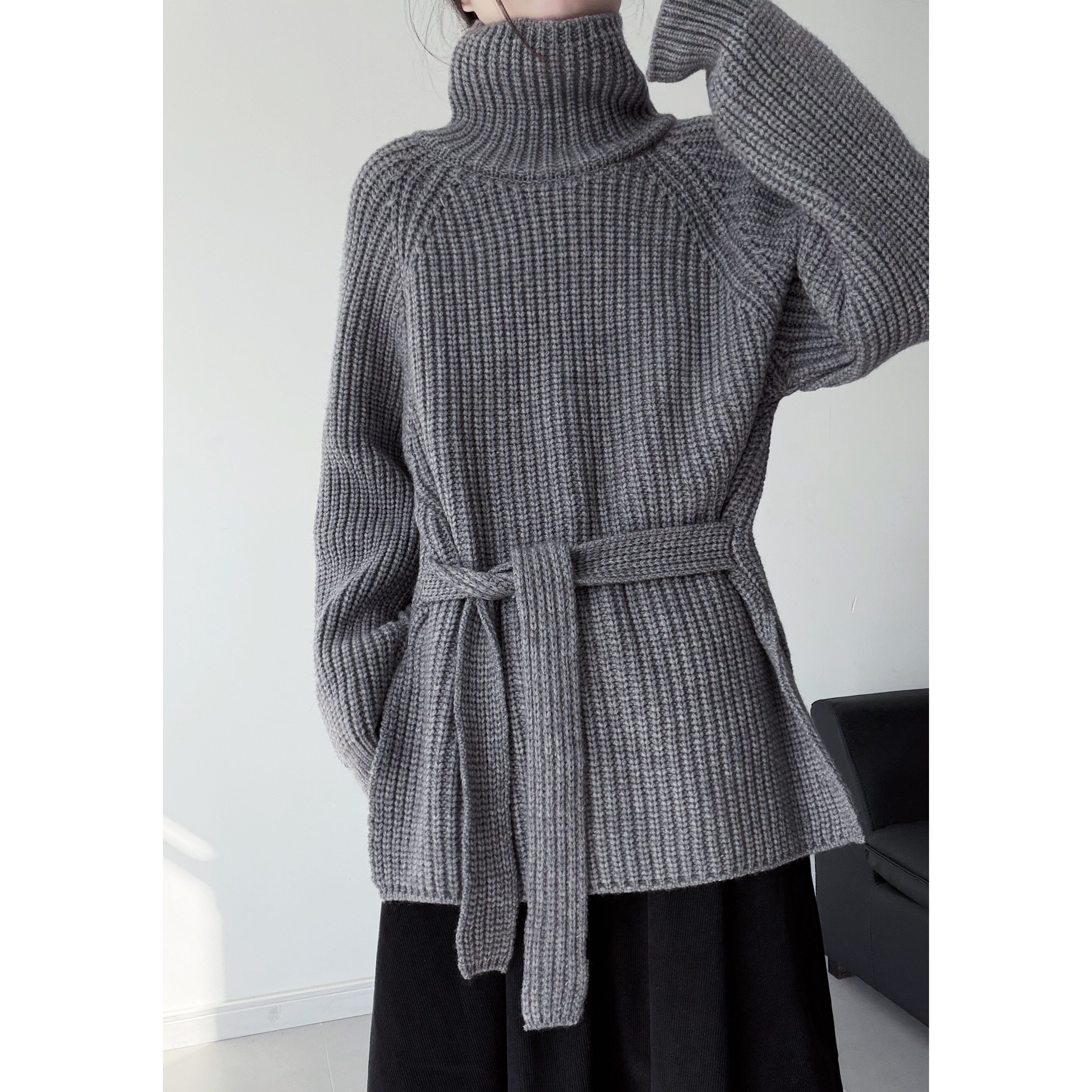 浮木兮/慵懒风侧开叉加厚高领毛衣秋冬系带针织衫显瘦松弛感上衣