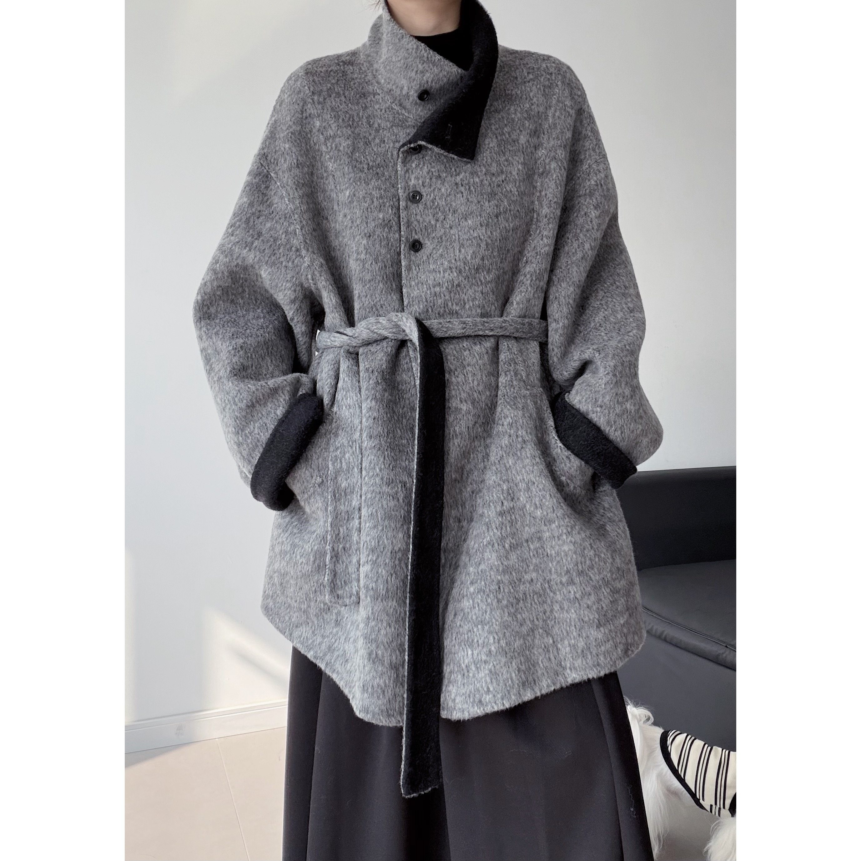 浮木兮/慵懒风韩系立领绑带灰色毛呢大衣中长款撞色双面羊毛外套