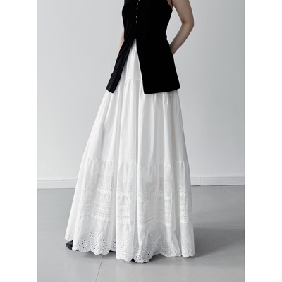浮木兮/绝美纯欲小白裙法式花边拼接半身裙小香风显瘦超长a字伞裙