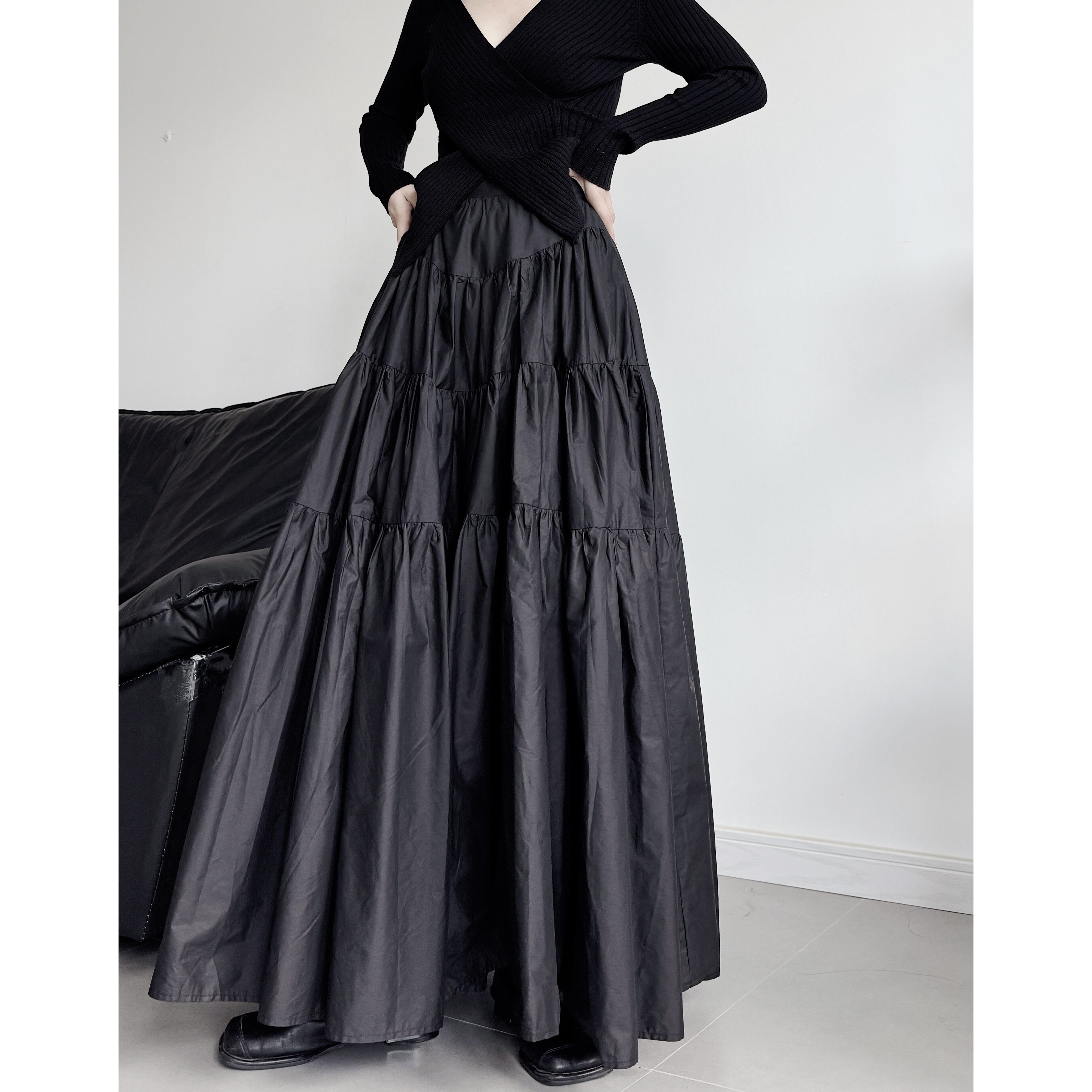 浮木兮/法式泡泡褶皱阔型半身裙小众设计感高腰蓬蓬裙A字大摆长裙