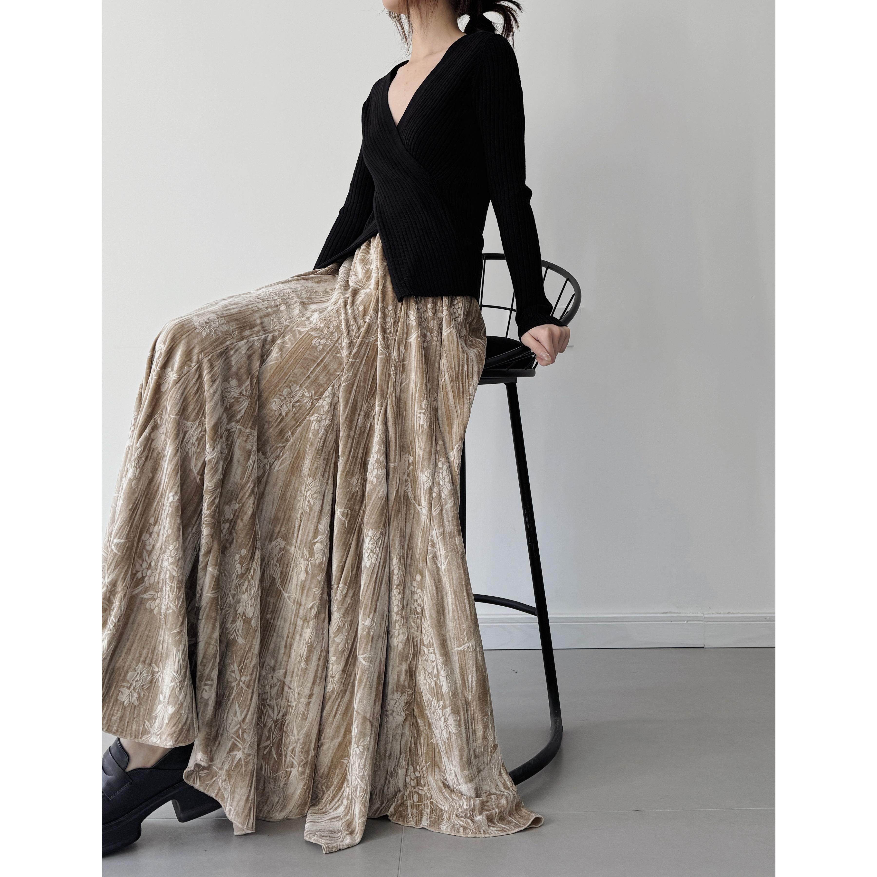 国风印花丝绒半身裙加长裙