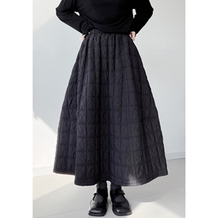 浮木兮 暗黑风菱格纹加棉保暖半身裙女黑色松紧腰A字长裙显瘦伞裙