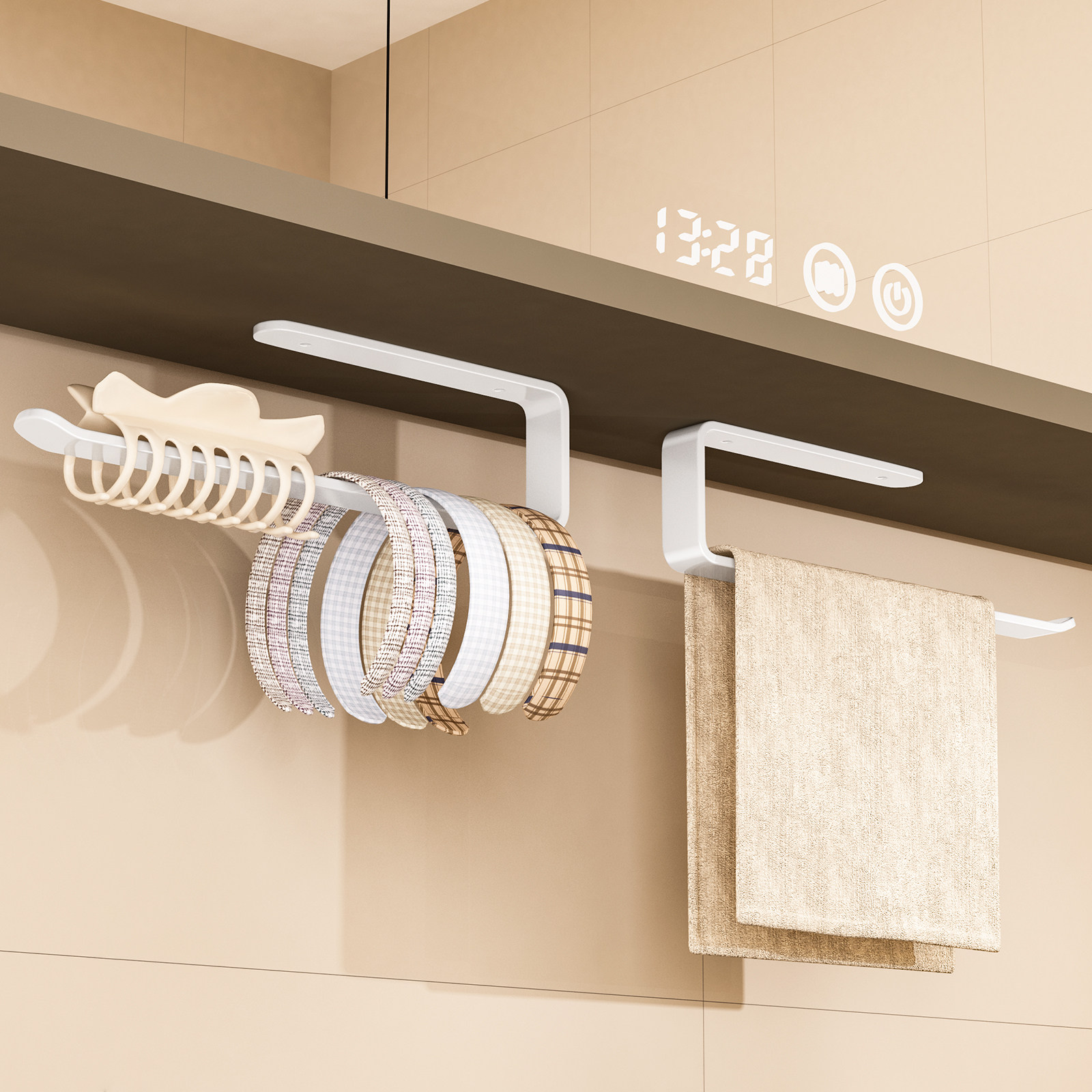 镜柜下毛巾杆免打孔小型卫生间吊柜下挂杆浴室干区太空铝毛巾架子