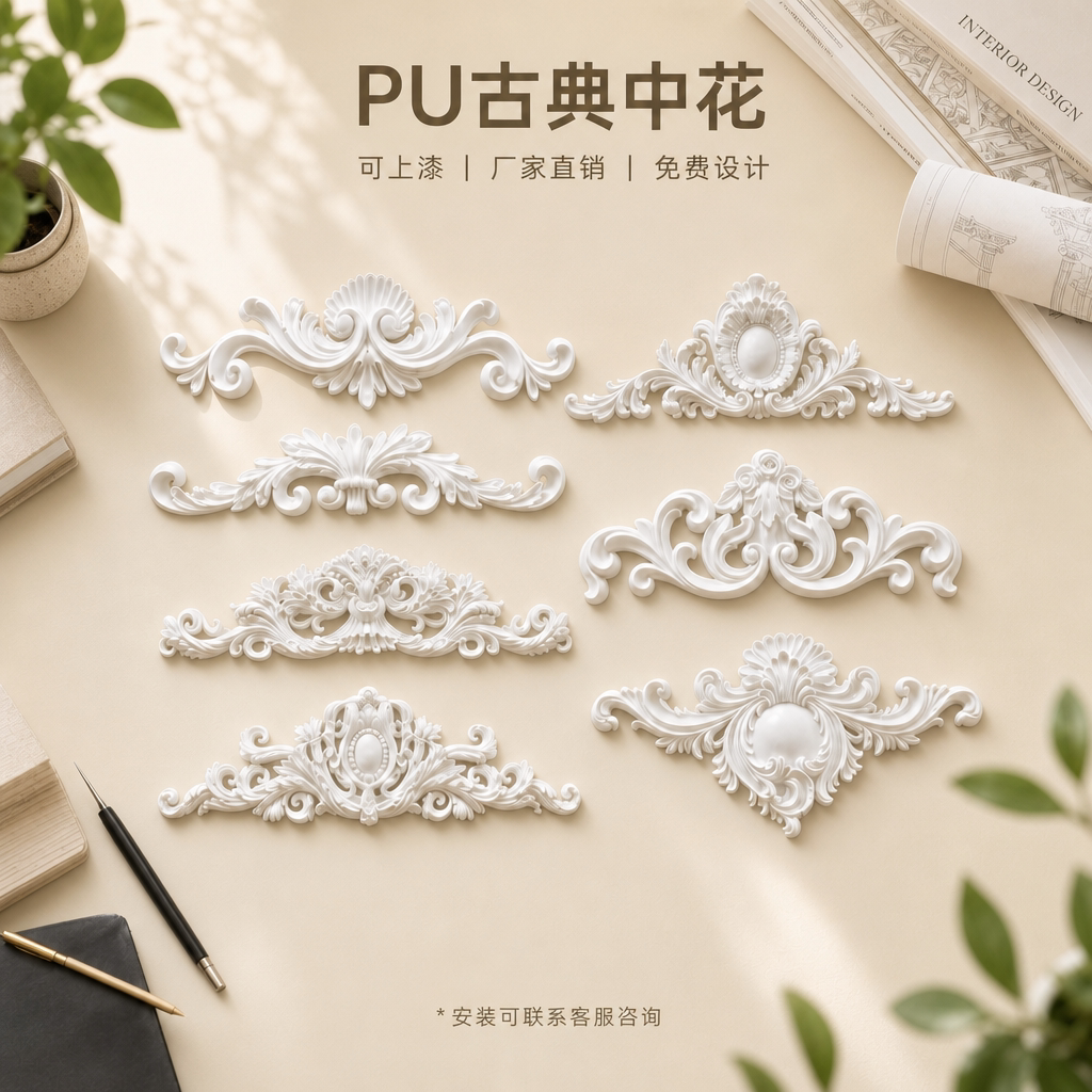 法式PU中花一体雕花背景墙面装饰花棚顶仿石膏贴花精雕欧式门头花