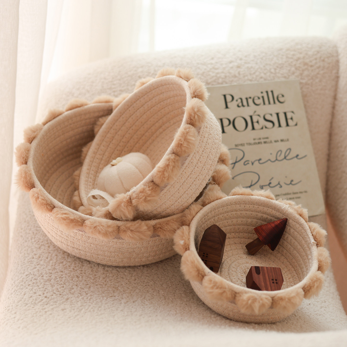 筱原玄关钥匙收纳筐桌面遥控器首饰头绳杂物整理箱棉线球球收纳盒