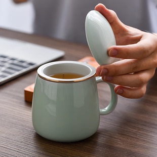 茶水分离茶杯陶瓷杯水杯马克杯办公家用带盖过滤器网红泡茶杯子