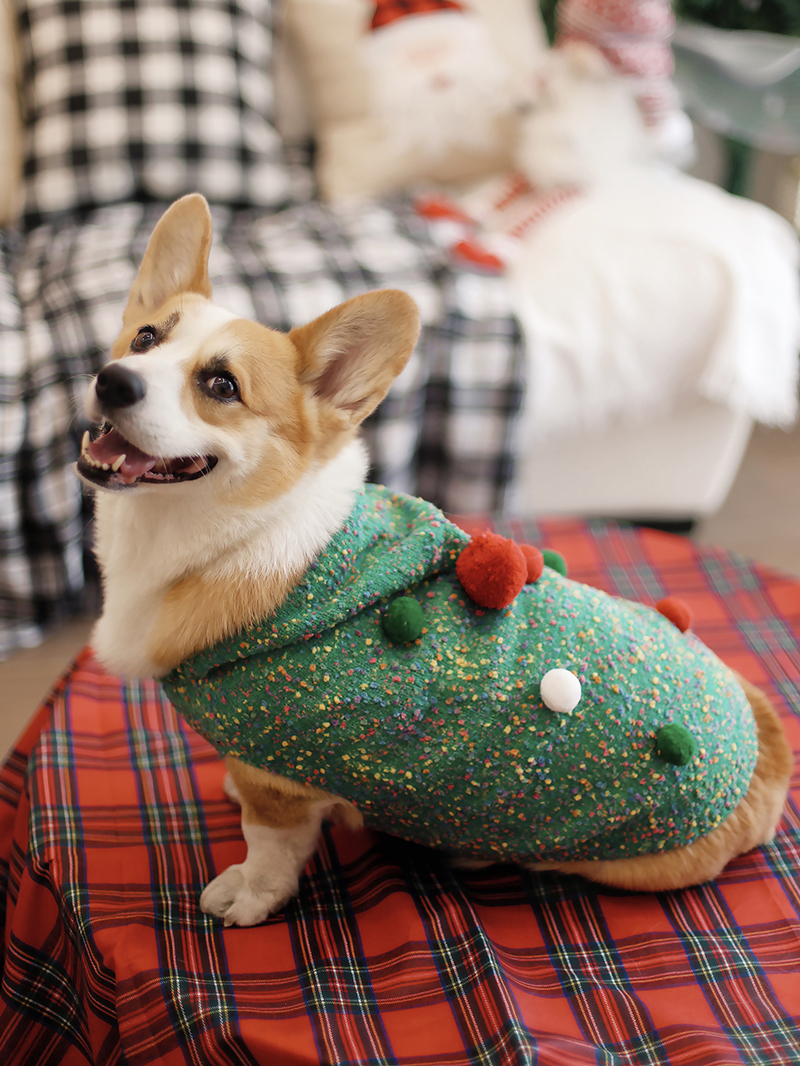 宠物狗狗圣诞无袖衣服可爱球球保暖连帽毛衣背心柯基中小型犬秋冬