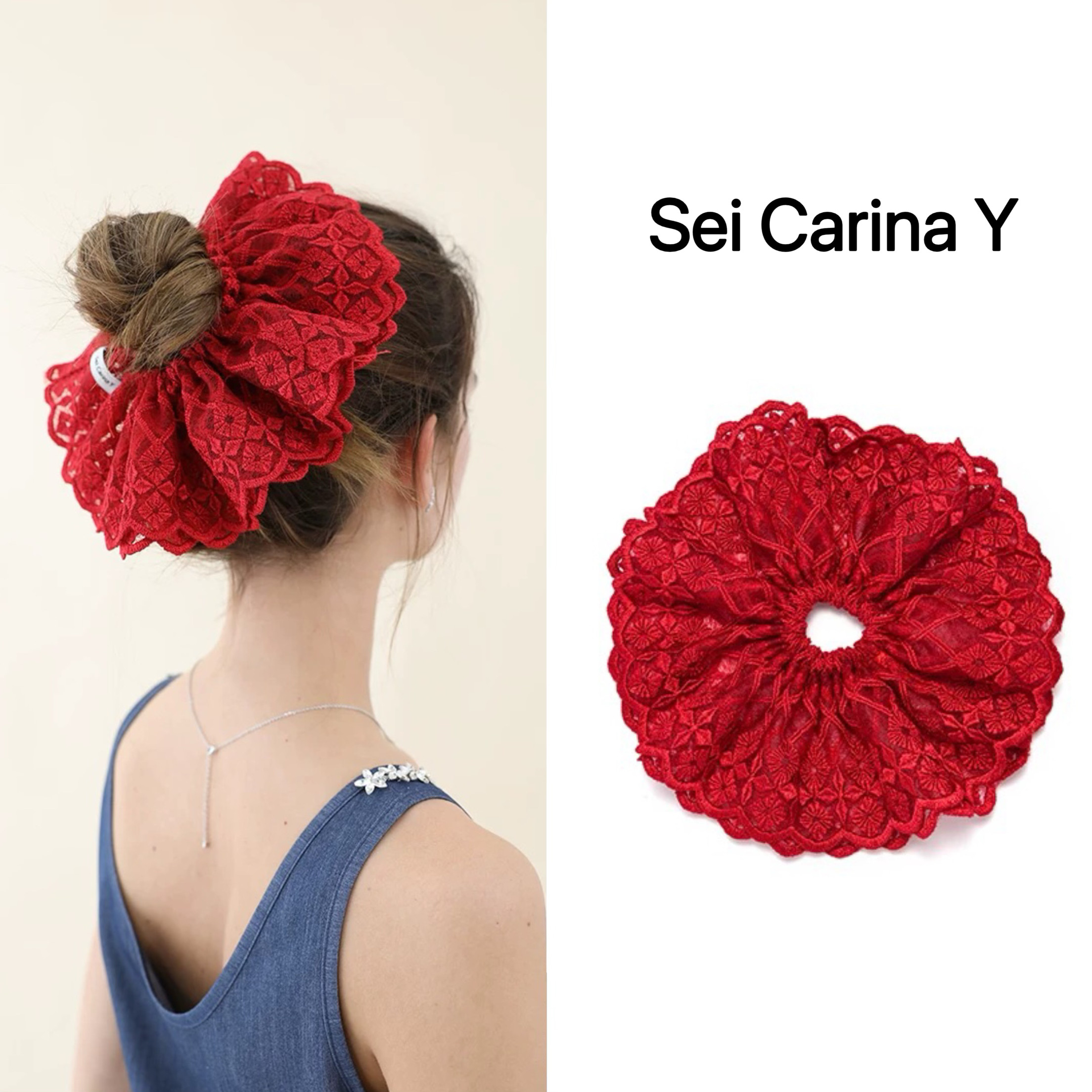 Sei Carina Y红色蕾丝网纱大号发圈气质风甜美芭蕾大肠圈头绳发饰