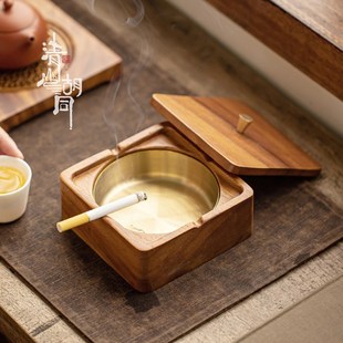 精选中式 胡桃木轻奢办公室烟灰缸带C盖防灰尘商用礼品烟缸定制log