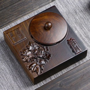 家用高端客厅摆 优选黑檀b实木烟灰缸创意带盖高级办公烟灰缸中式