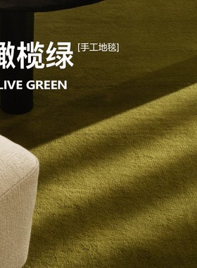 精选复古绿色地毯客厅中古民宿满铺卧室床边极简纯色法Z式羊毛质