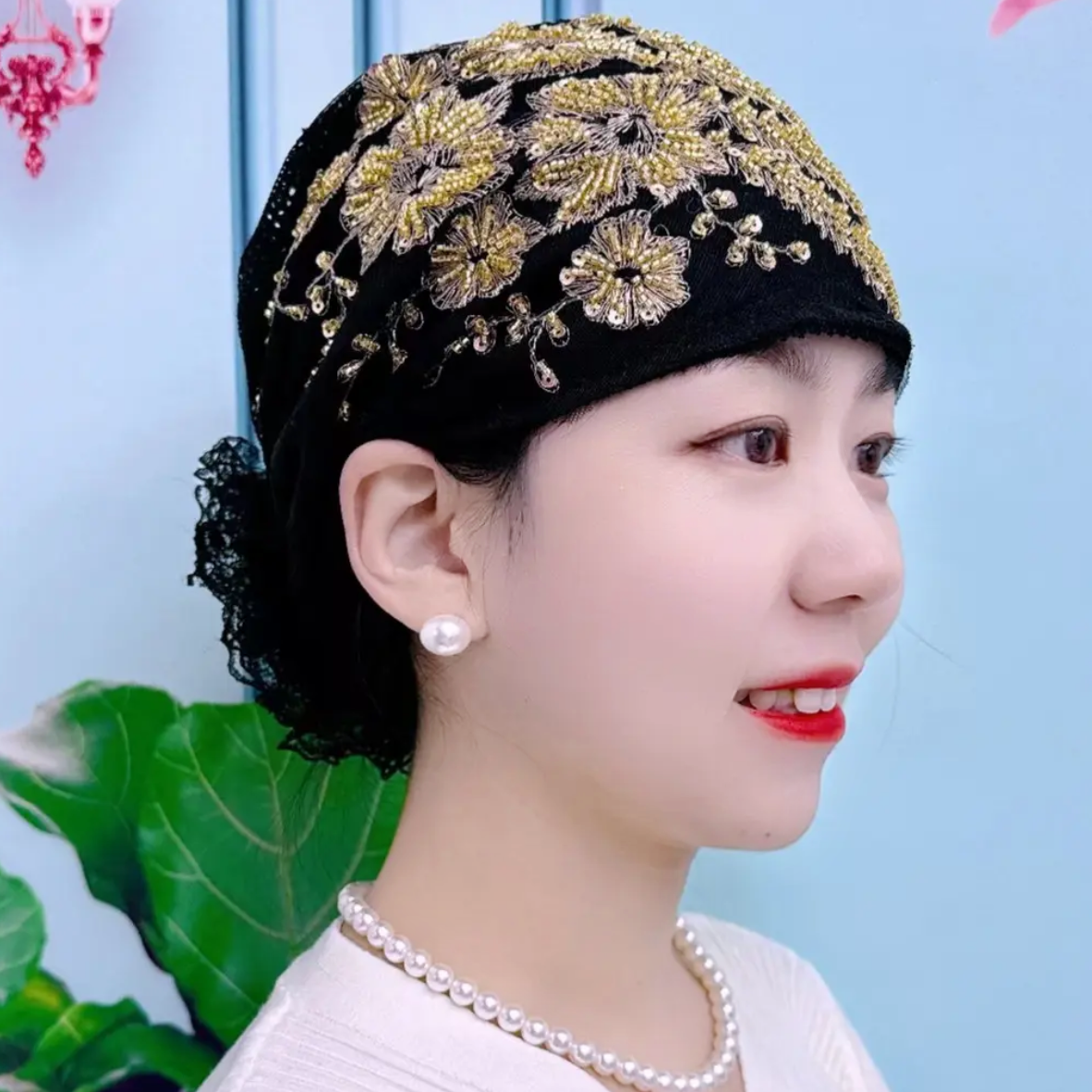 洋气百搭新款凤尾花盘花帽妈妈时尚头巾束发帽遮白发蕾丝包头帽女