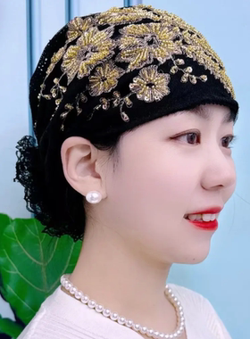 遮白发蕾丝包头帽女凤尾花盘花帽