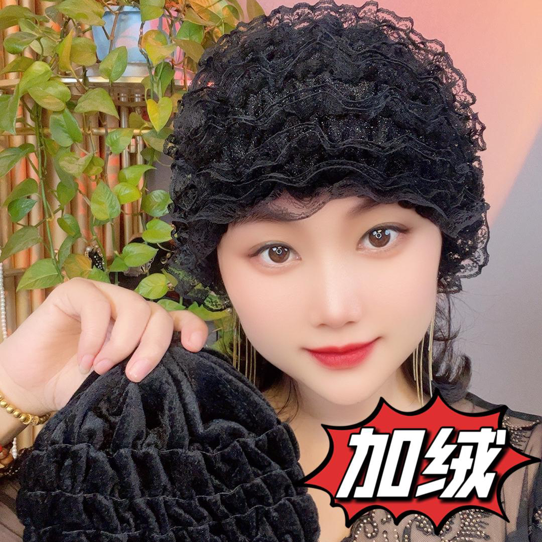 秋冬季新款遮白发中老年人帽蕾丝假发帽时尚包头帽加绒加厚帽子女