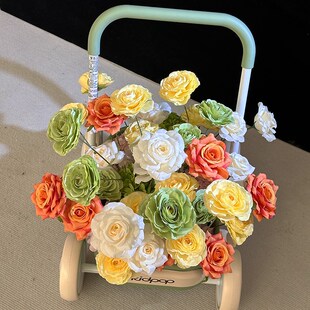 精选童车花艺宝宝周岁宴礼物kidpop学I步车生日场景布置装饰仿真