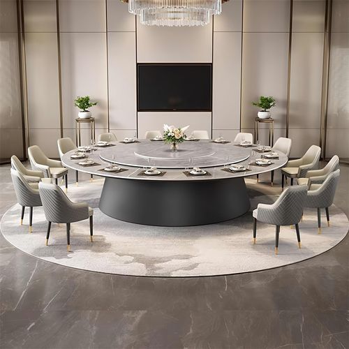 优选高端电动餐桌酒店大圆桌自动转D盘饭厅20人3米岩板带电磁炉火