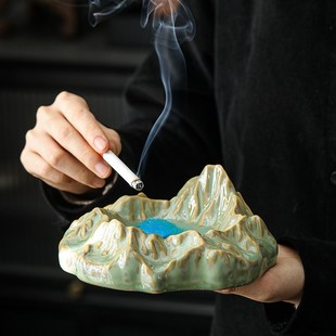 装 精选陶瓷烟灰缸万m里山河家用茶几个性 饰摆件防风防飞灰