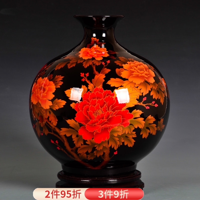 优选景德镇陶瓷器中n国红色花瓶插花石榴摆件新中式家居客厅装饰
