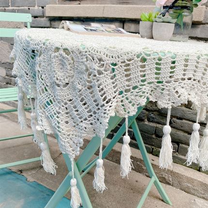 精选欧式田园风棉线手o工钩针钩织流苏方桌布桌垫空调电视沙发盖