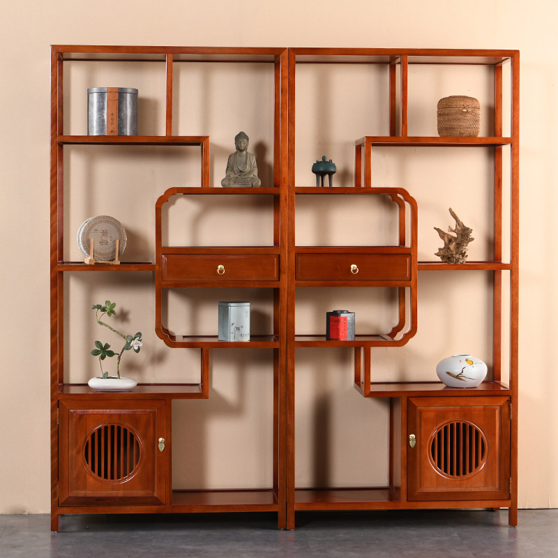 优选实木博古架实木中式茶具架榆木多宝阁隔断Q书架置物架茶柜架