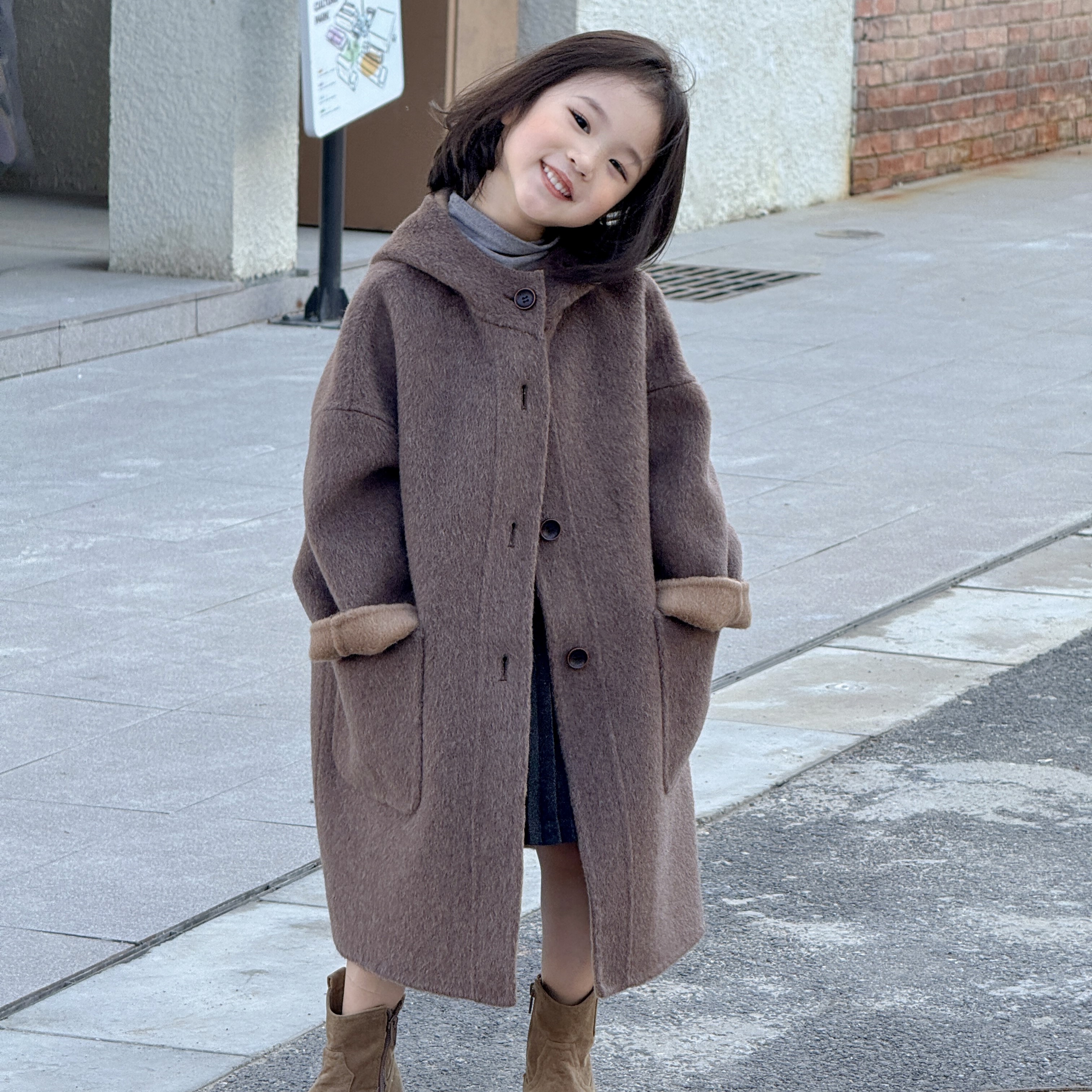 送马甲【小喜自制】连帽双面羊毛大衣男童女童休闲毛呢亲子款外套