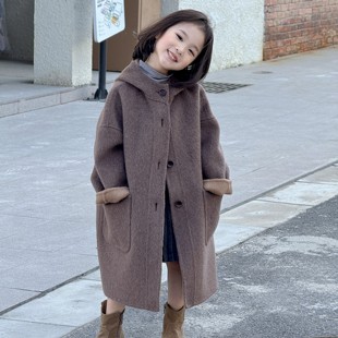 送马甲【小喜自制】连帽双面羊毛大衣男童女童休闲毛呢亲子款外套