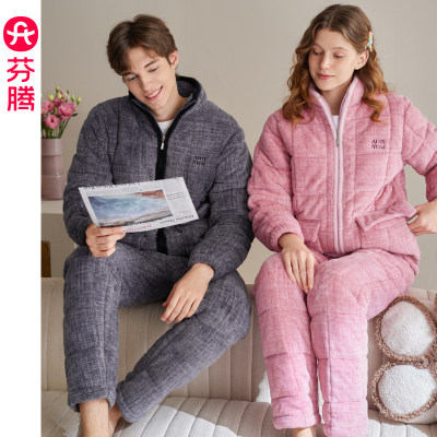 芬腾情侣睡衣秋冬季三层加厚夹棉