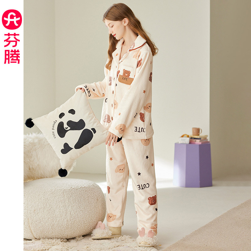 芬腾珊瑚绒睡衣女秋冬加厚加绒保暖法兰绒开衫长袖大码家居服套装