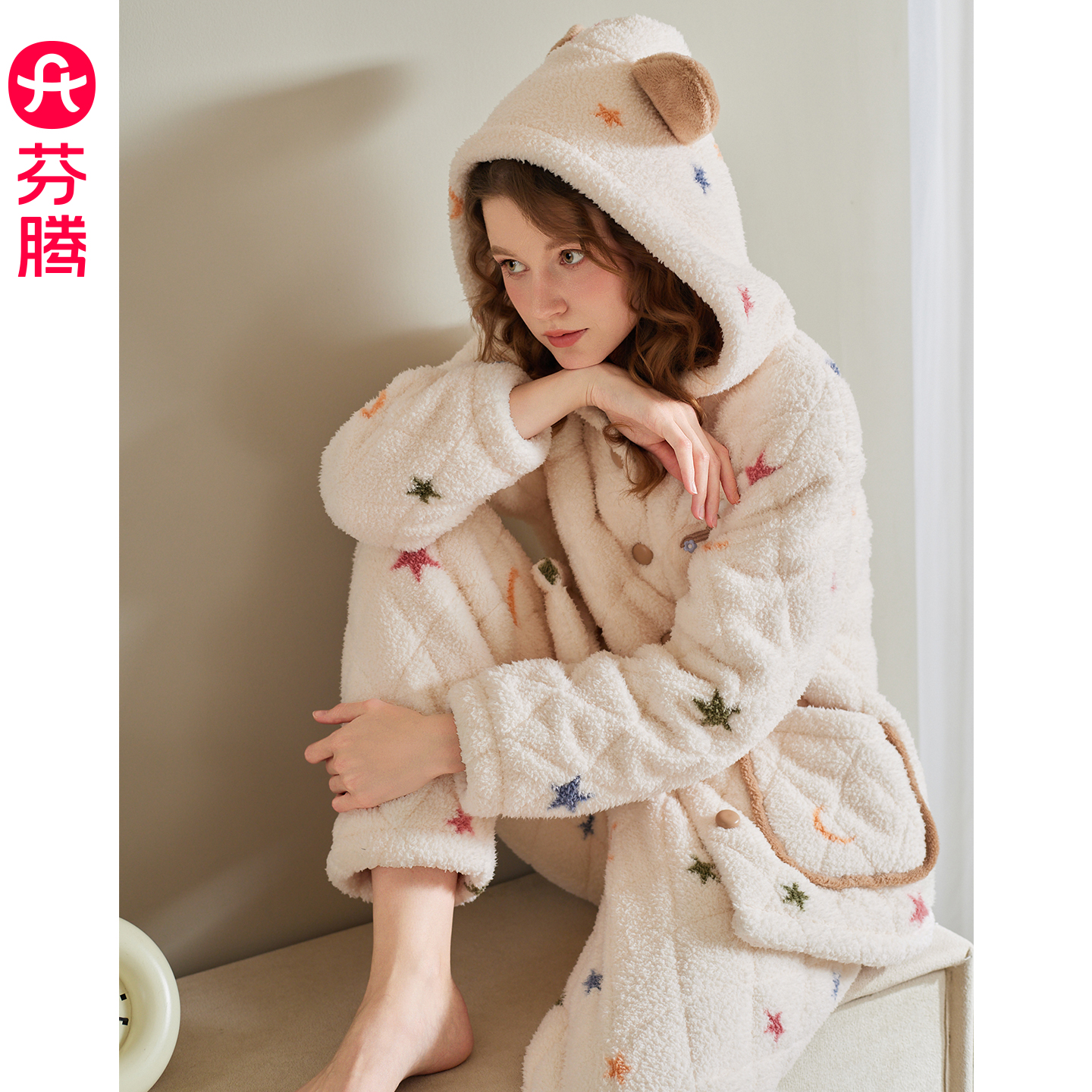 芬腾睡衣女冬季珊瑚绒三层夹棉