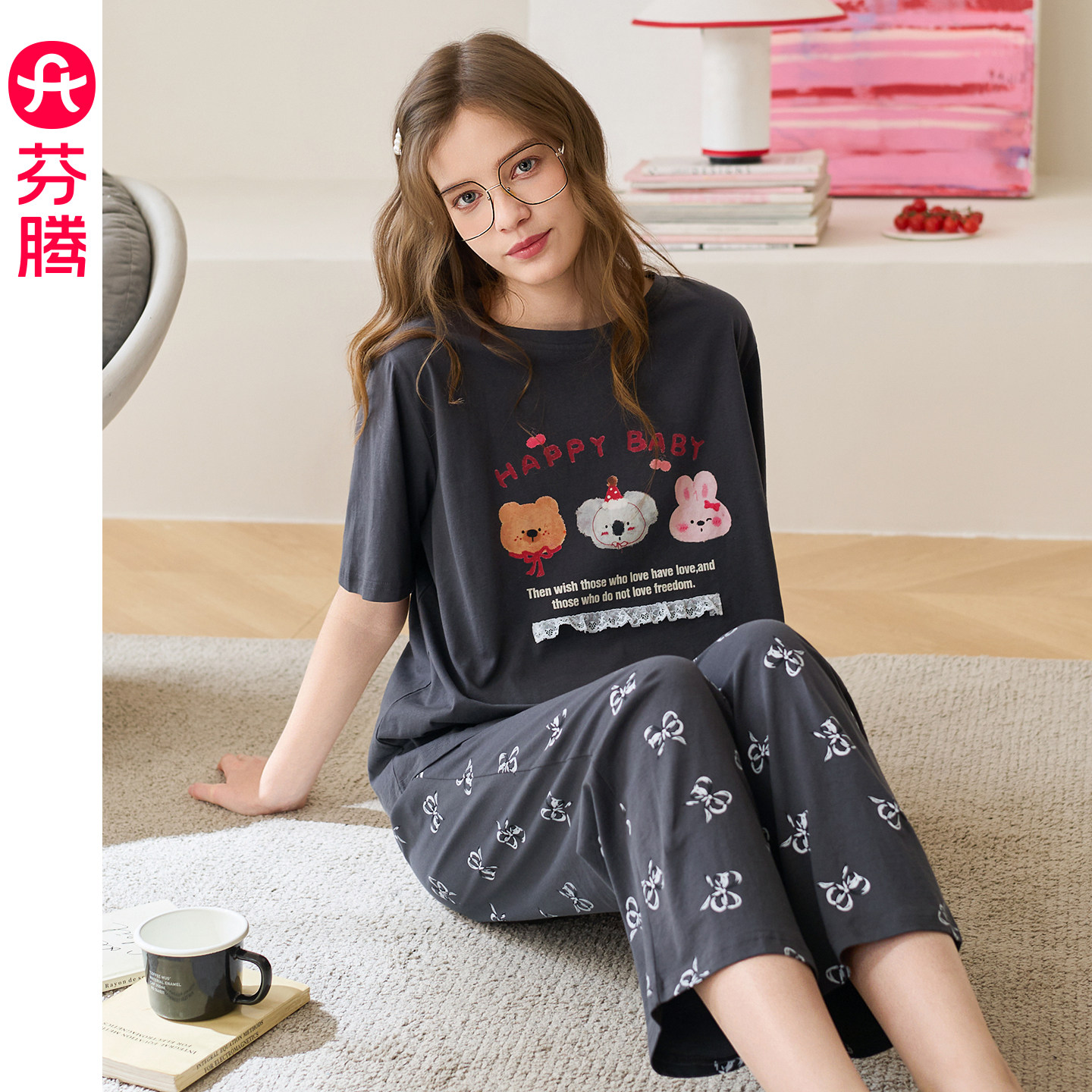 芬腾纯棉睡衣女士夏季薄款短袖套装可爱女款夏天休闲加大码家居服