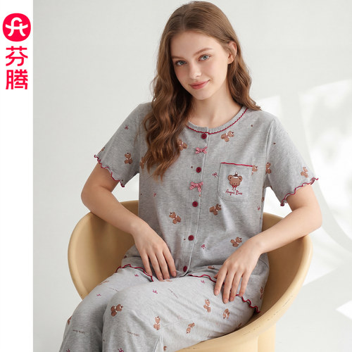 芬腾纯棉睡衣女士夏季短袖长裤